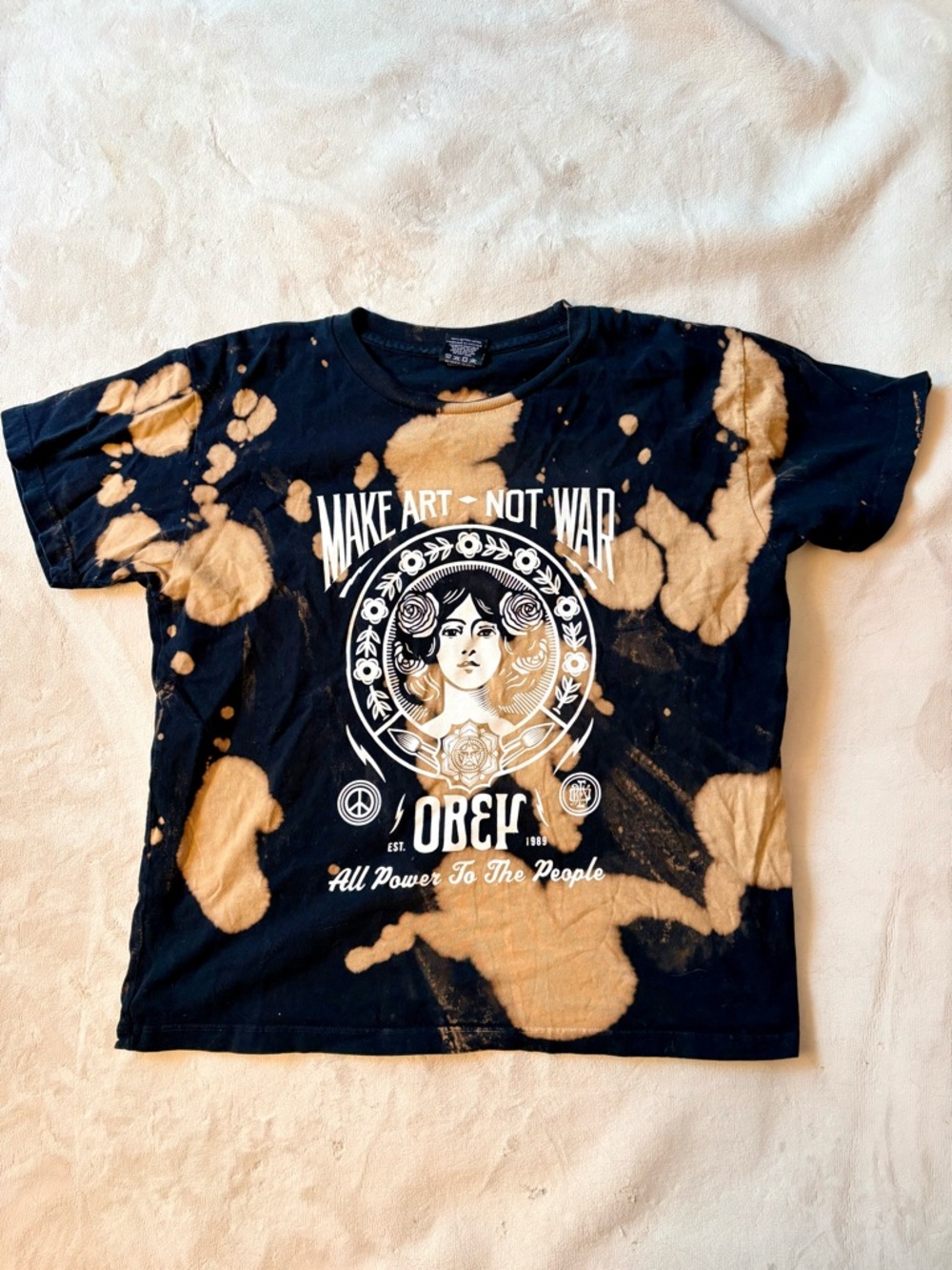 OBEY Black Tee with Tan Bleach Tie Dye Graphic | Make Art Not War T-Shirt